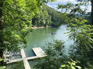 Aerial view - Beautiful Home with Lake views, dock with great swimming area, ample parking (Jacksboro)