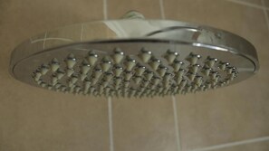 Rainfall showerhead, hair dryer, towels