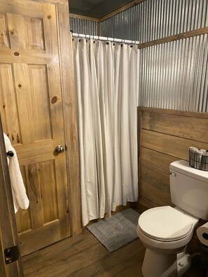 Douche, séchoir à cheveux, serviettes fournies, savon