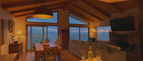 智能电视、壁炉、DVD 播放器、书