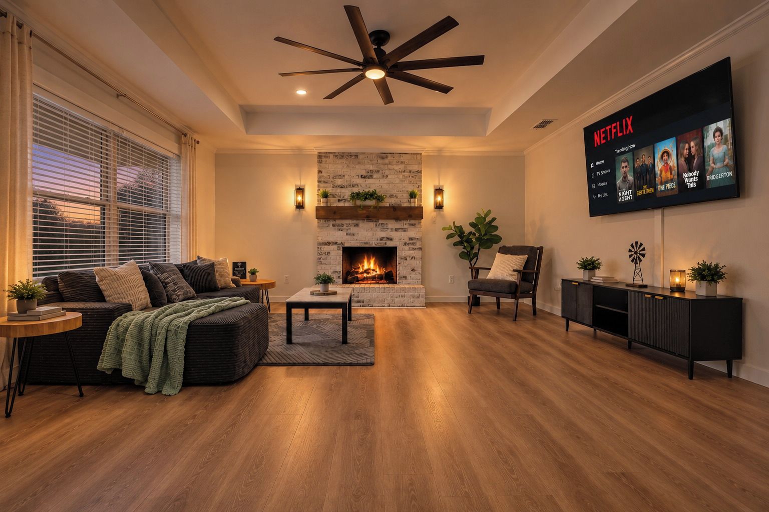 Smart TV, fireplace, computer monitors