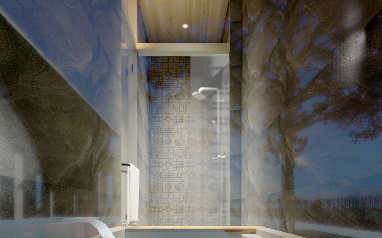 A modern bathroom with a large bathtub, a shower, and a patterned wall.