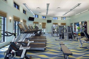 A gym with treadmills, weight machines, and exercise balls. - Endless Oasis | Pool, Spa, Game Room near Disney (Davenport)