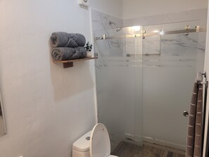 Douche, serviettes fournies, savon, shampoing