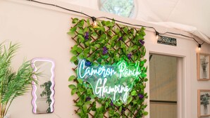Een receptie met een neonbord, een spiegel, een potplant en een QR-code.
