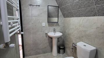 Hair dryer, bidet, towels, soap