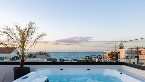Un jacuzzi con vista al océano y palmeras.