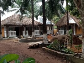 Un patio con construcciones de techo de paja, palmeras y un jardín central.