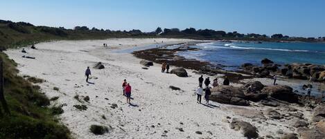 A sandy beach with people walking and standing, rocky areas near the water, and greenery in the background.