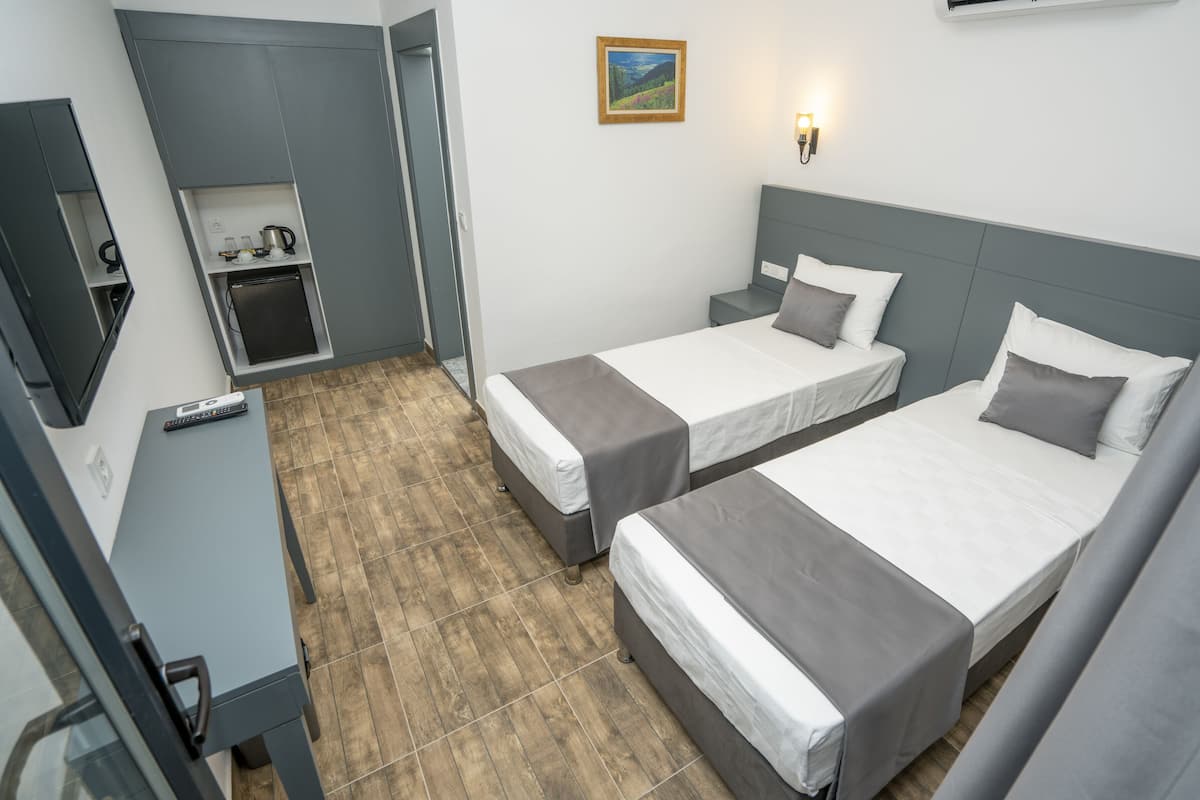 Quarto de hotel com duas camas de solteiro, uma kitchenette pequena, uma TV e um quadro na parede.