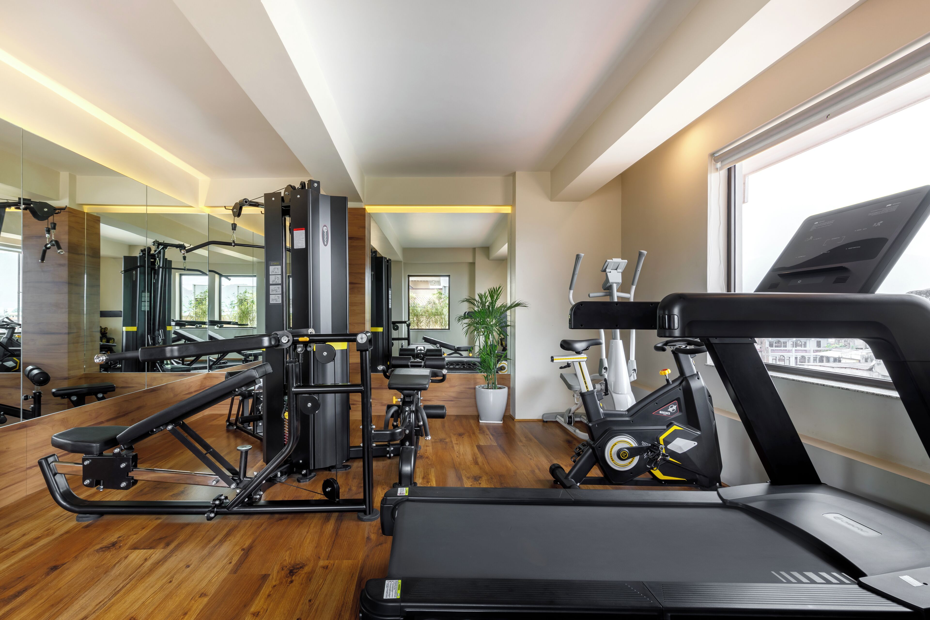 A modern gym with cardio equipment, weight machines, and a large mirror.