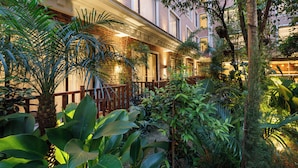 Un exuberante jardín interior con diversas plantas tropicales y una valla de madera.