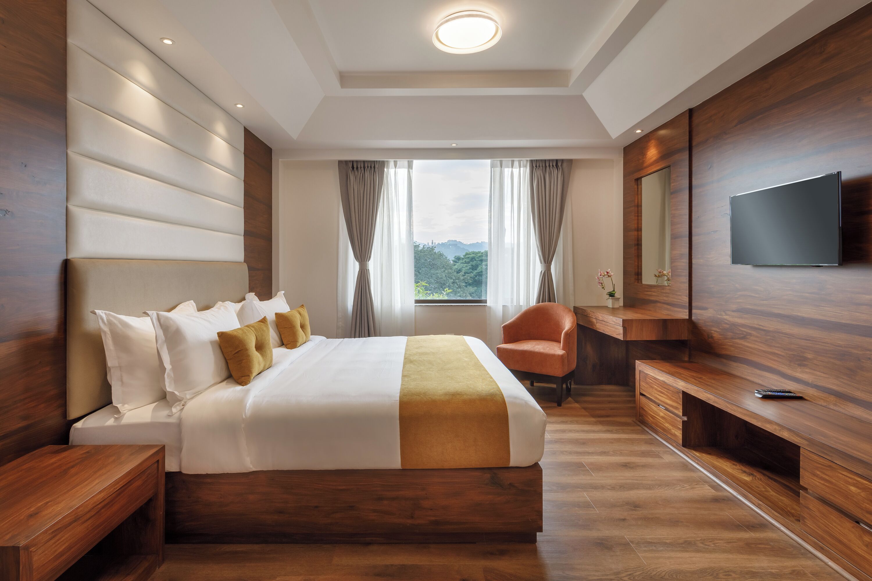 A modern hotel room with a large bed, wooden panel walls, a flat-screen TV, and a view of greenery.