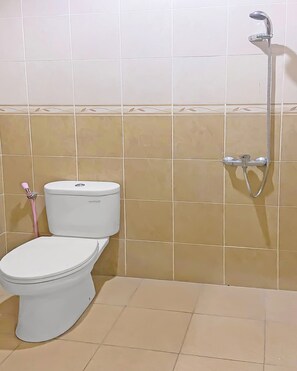 Chuveiro, toalhas de banho, papel higiênico 