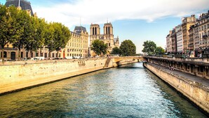 A river with a bridge, historic buildings, and trees along the banks.