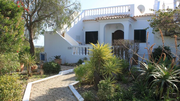 A white building with a tiled roof, a paved pathway, and various plants.