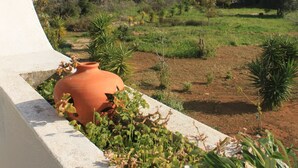 A terrace with a view of a rural landscape, including fields and trees.