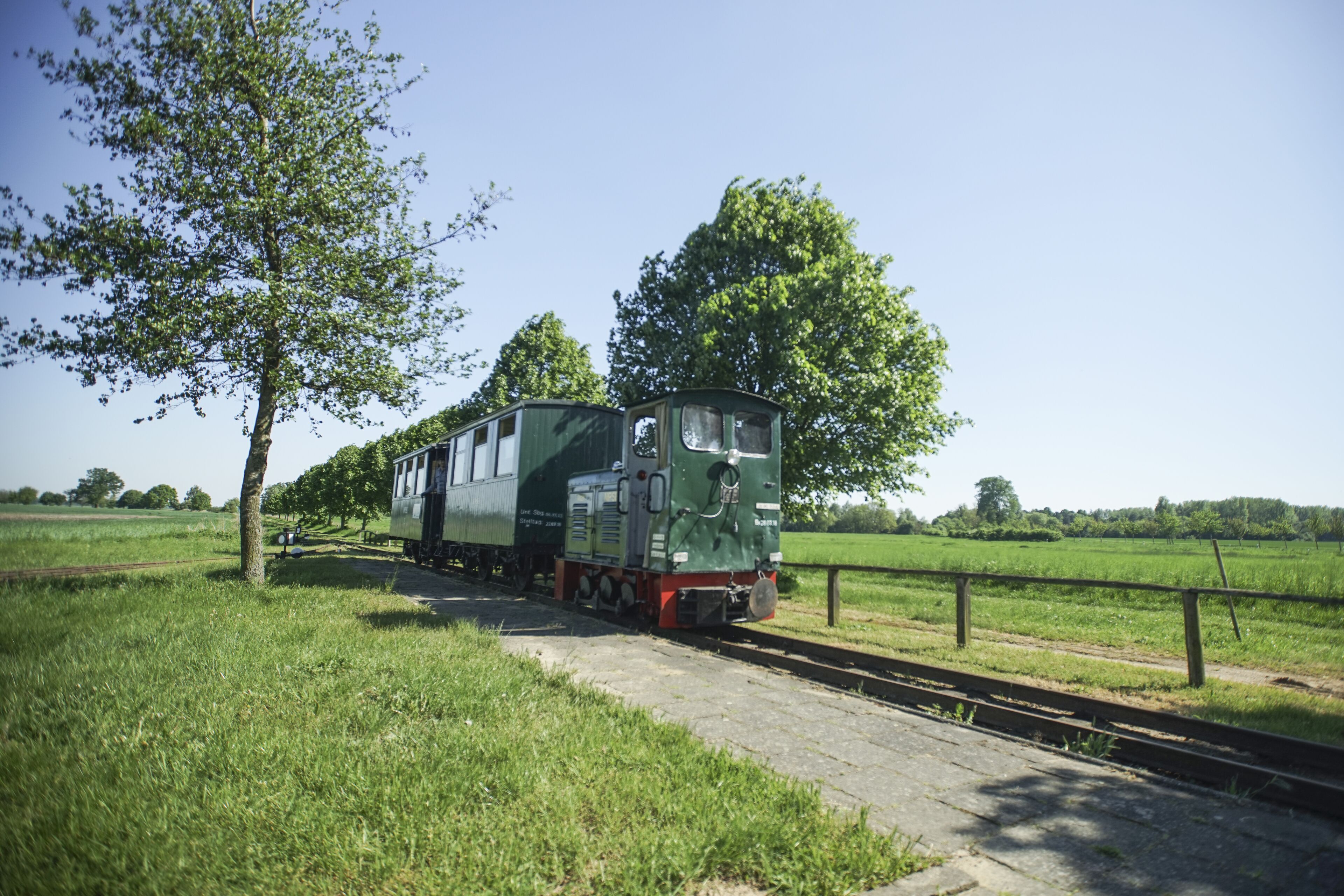 A green train on a railway track with a grassy field and trees in the background.
