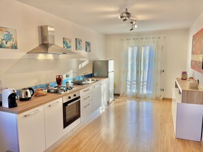 Fridge, oven, stovetop, electric kettle