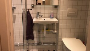 Un baño con cabina de ducha de vidrio, un lavabo blanco con espejo y un inodoro blanco.