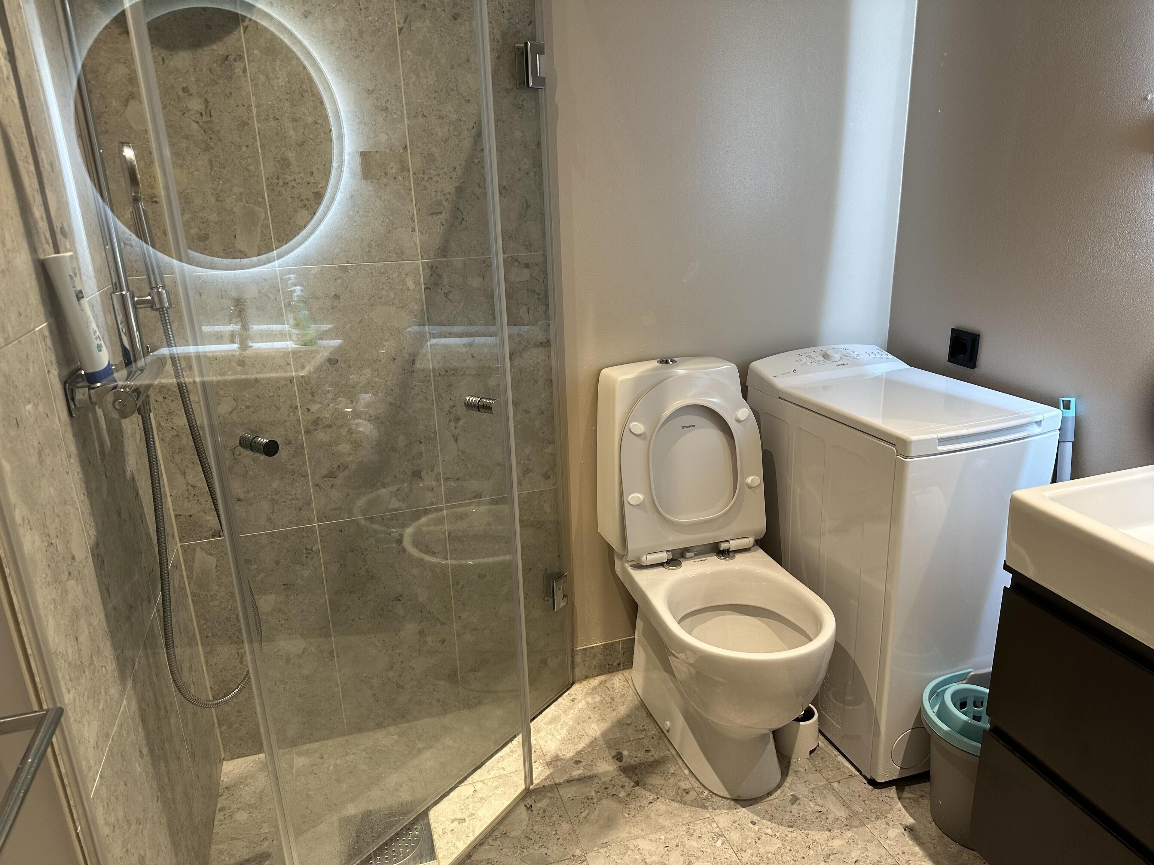A bathroom with a glass-enclosed shower, a toilet, and a washing machine.