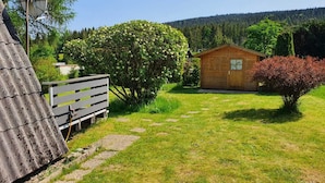 Une cabane en bois avec un petit porche, entourée d’une cour verdoyante et d’un grand arbre aux fleurs blanches.