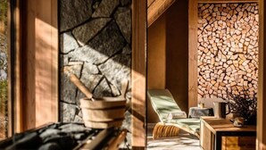 A cozy room with a stone wall, a fireplace, a comfortable lounge chair, and a wooden cabinet. - Boutique Hotel Vila Planinka (Jezersko)