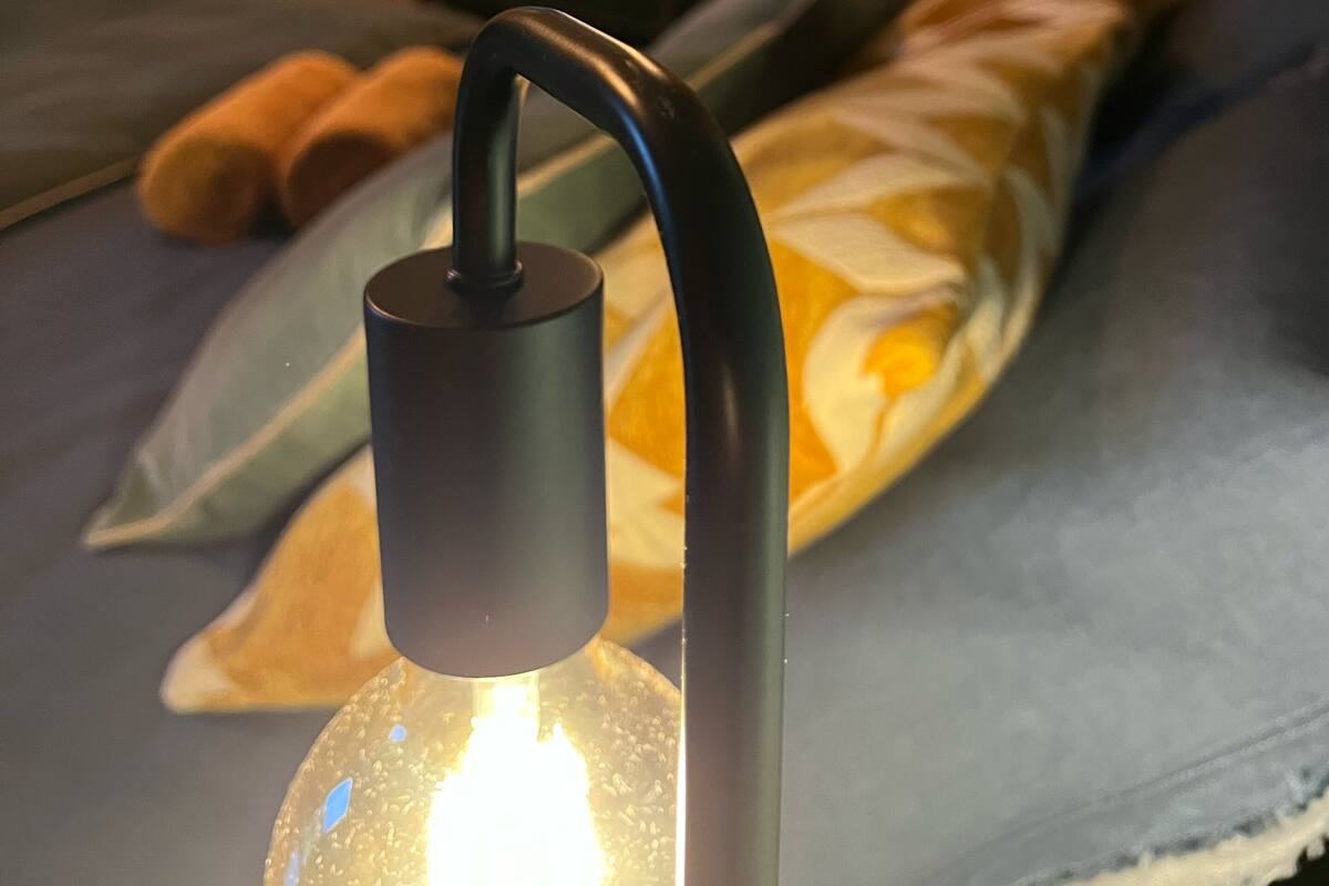 A close-up of a modern lamp with a curved neck and a glass enclosure containing a light bulb.
