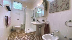 A bathroom with a shower, toilet, bidet, and sink.