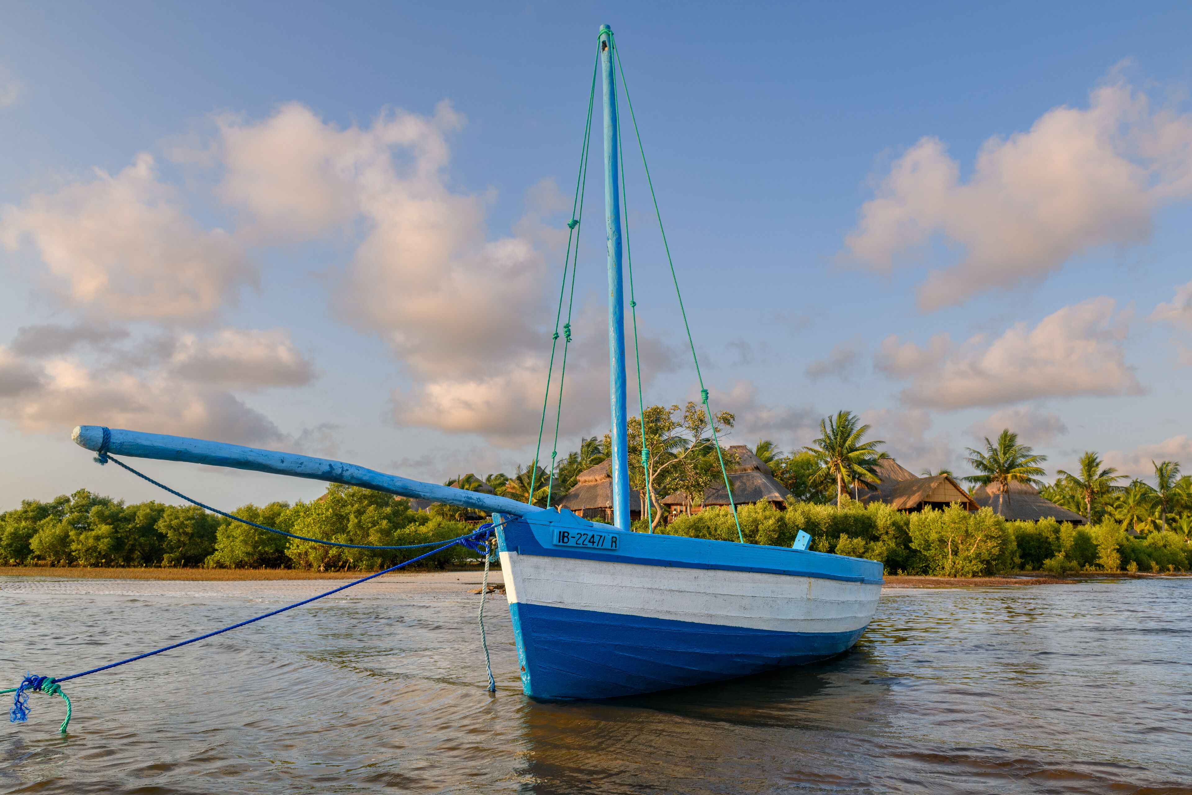 A boat with a registration number, anchored near a shoreline with thatched-roof huts and palm trees.