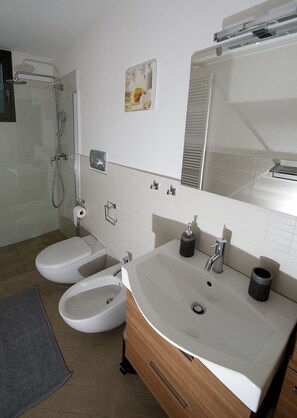 Hair dryer, towels, soap