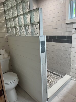 Regadera, toallas, papel de baño 