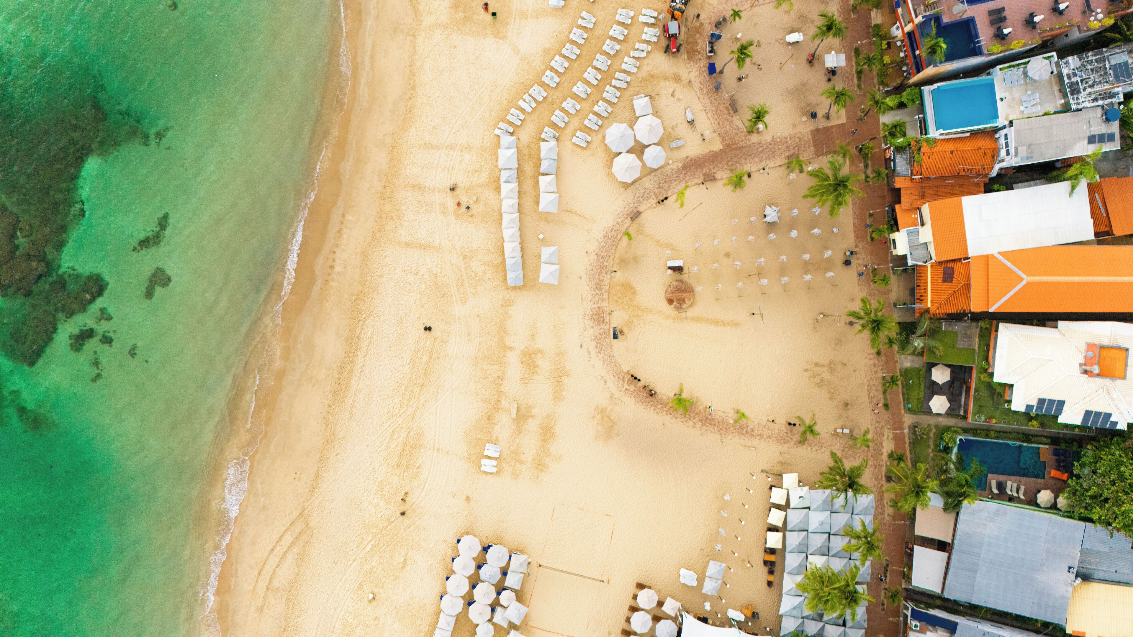Vista aérea de una playa con hileras de sombrillas y sillas de playa blancas, una piscina y varias palmeras.