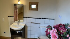 A bathroom with a sink, mirror, toilet, and a wooden bench. - Maison à Camparan Proche de Saint-lary (Camparan)