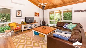 Smart TV, chimenea, reproductor de DVD y libros 