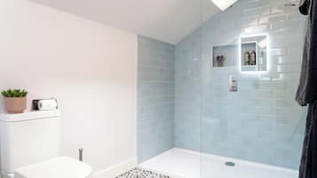 Shower, eco-friendly toiletries, hair dryer, towels