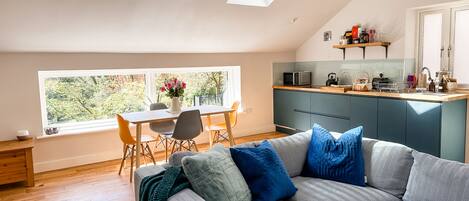 Smart TV, fireplace, books