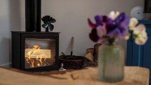 Un poêle à bois avec un feu qui crépite, un vase rempli de fleurs et un téléviseur en arrière-plan.
