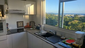 Una cocina moderna con armarios blancos, encimera negra y ventana con vistas al paisaje costero.