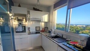Una cocina compacta con lavadora, microondas y pileta.