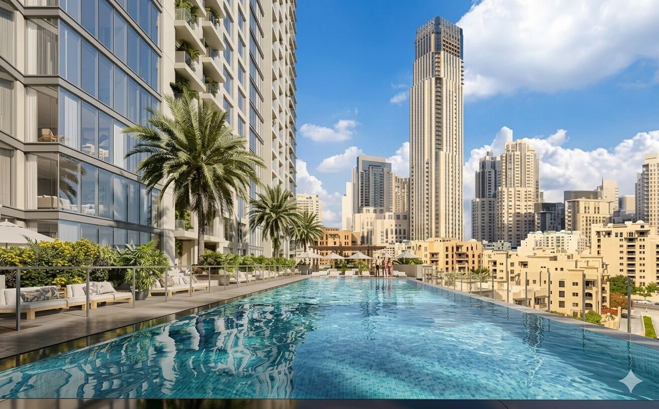 Una piscina amb un paisatge urbà al fons, envoltada d'edificis alts.