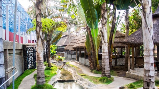 A tropical resort with thatched-roof huts, palm trees, and a small water feature. - Princess Luxury Hotels (Ilorin)