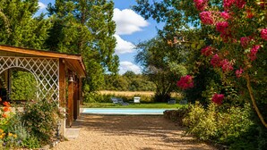 Un jardín con un pérgola, una piscina y sillas de descanso.