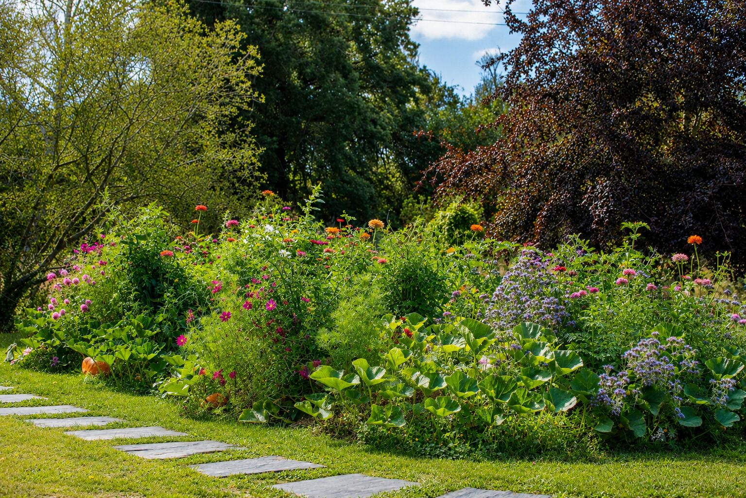 A garden with a variety of plants and flowers, stone pathway, and trees in the background.