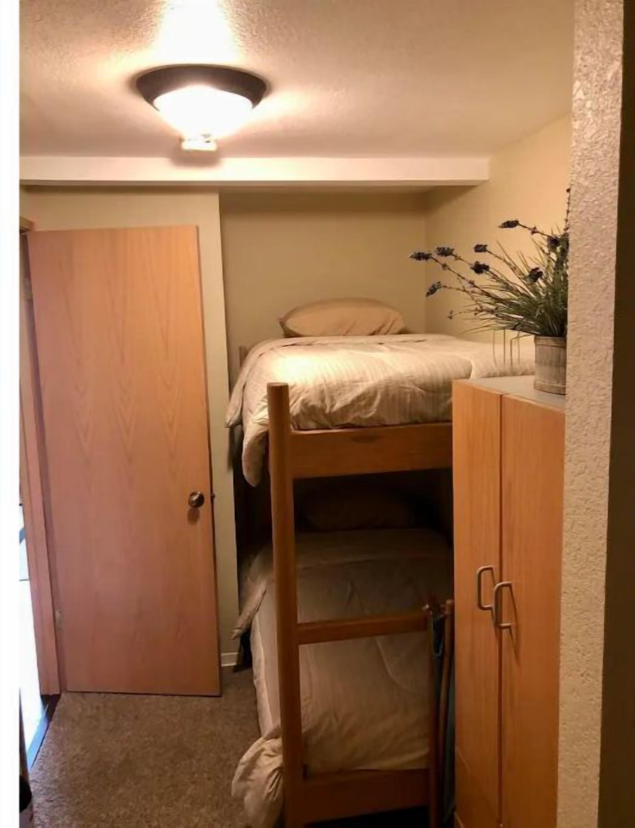 A compact bedroom with a bunk bed, a wooden wardrobe, and a small bedside table with a potted plant.