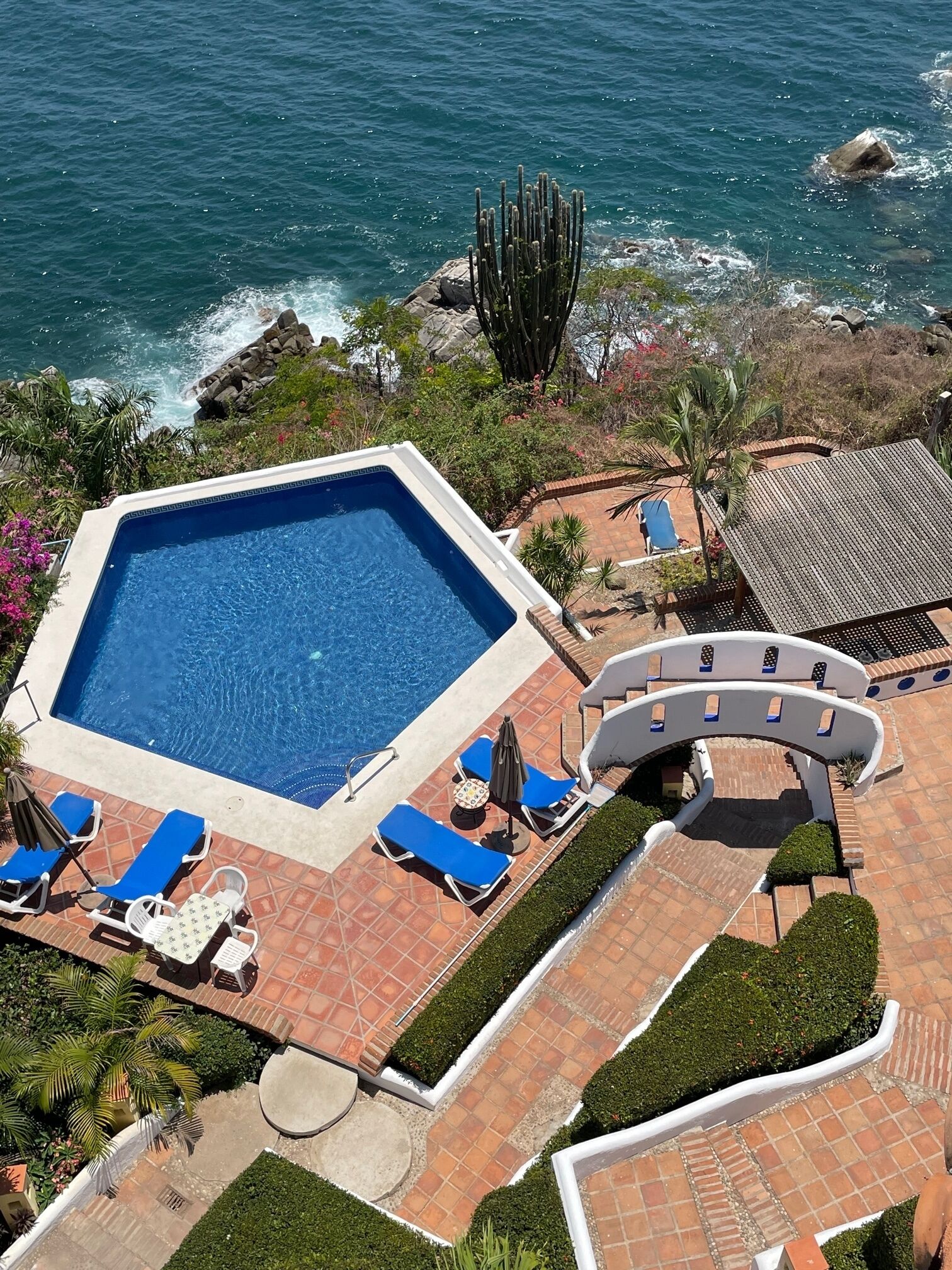 Front pool, and tiered seating areas, viewed from the roof. 