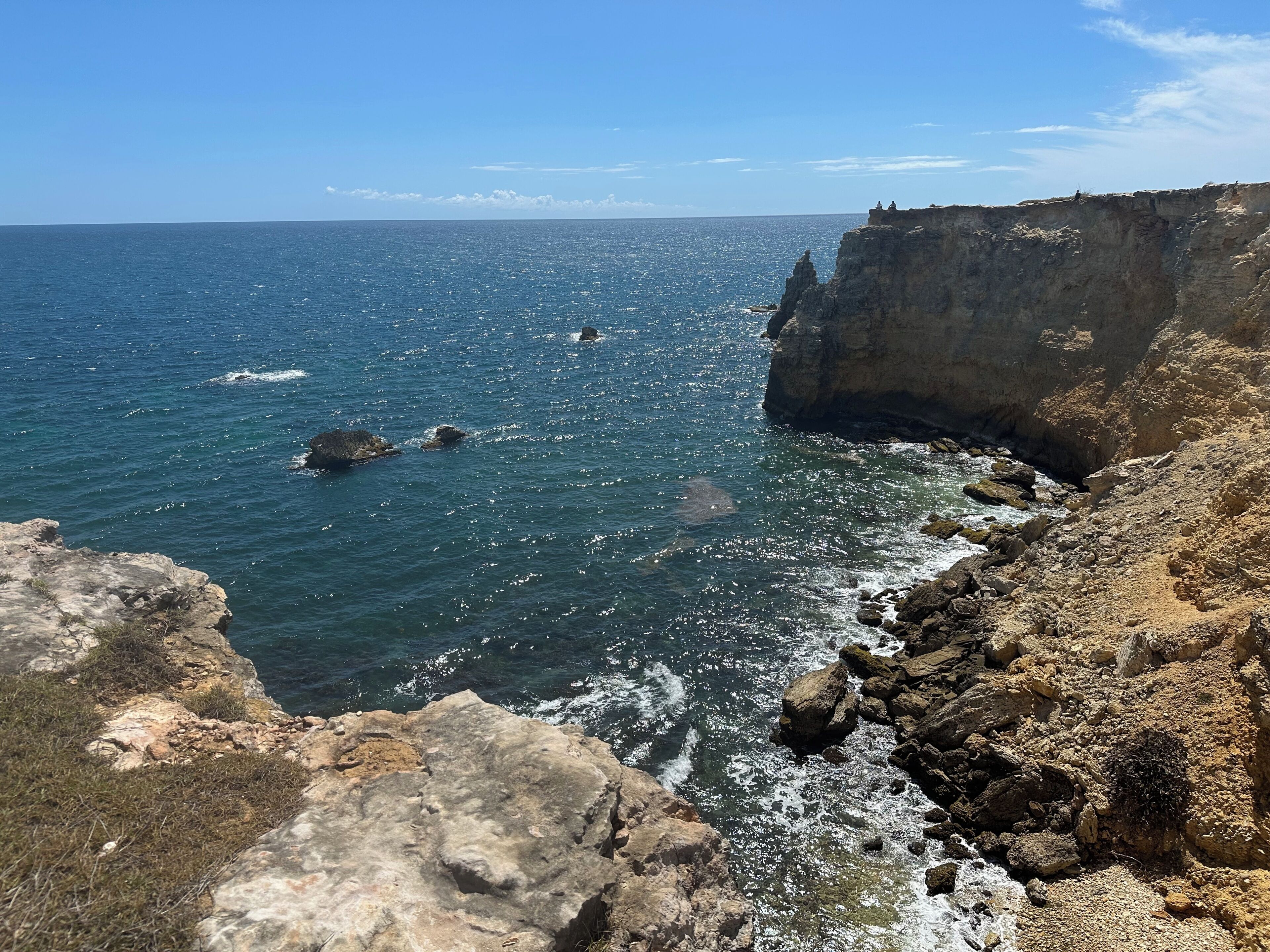 A coastal landscape with rocky cliffs and the sea.