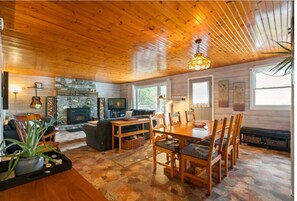 Smart TV, fireplace, streaming services, stereo