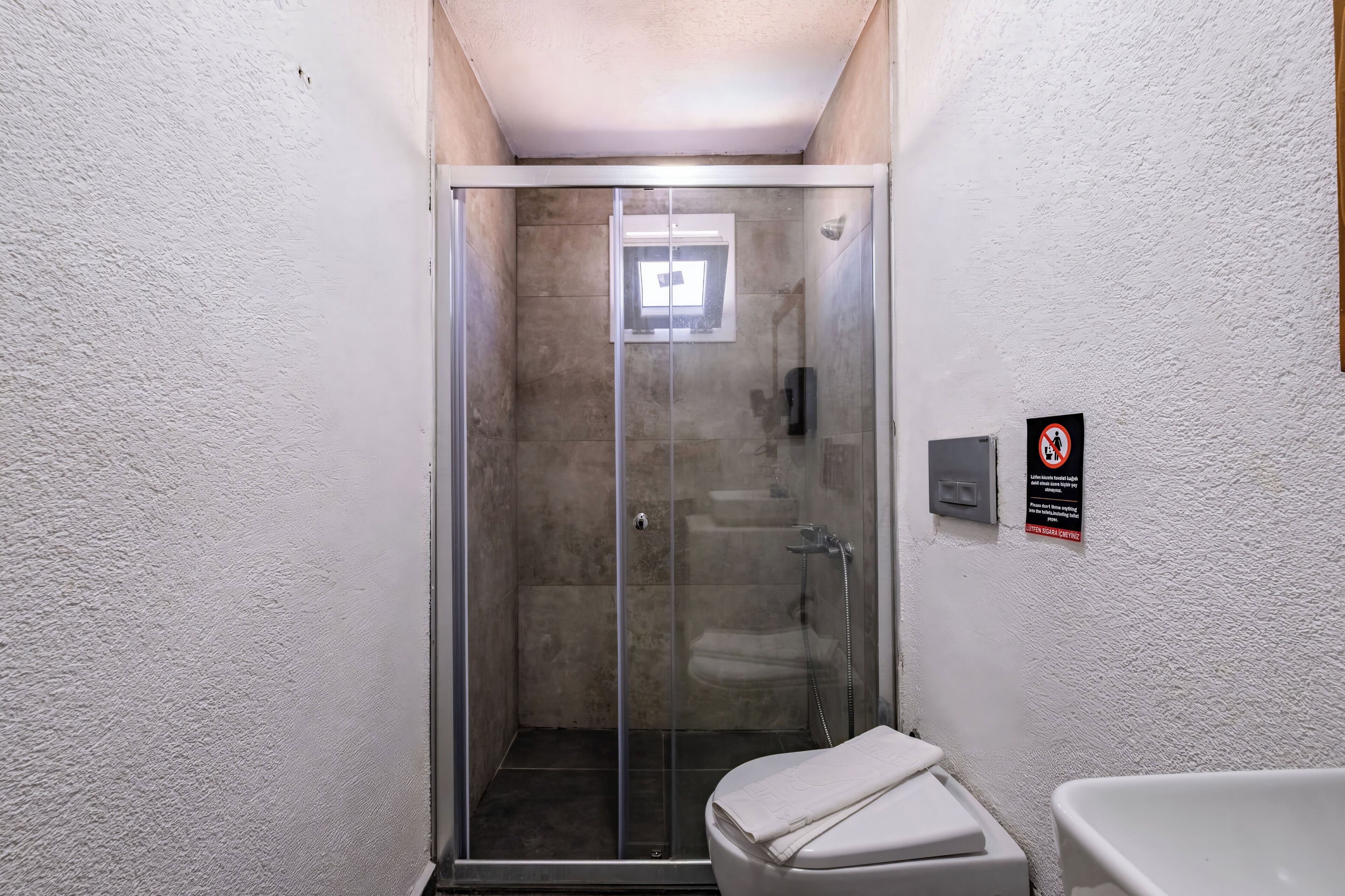 Ducha con puerta de cristal, inodoro y un cartel de prohibido fumar en la pared.