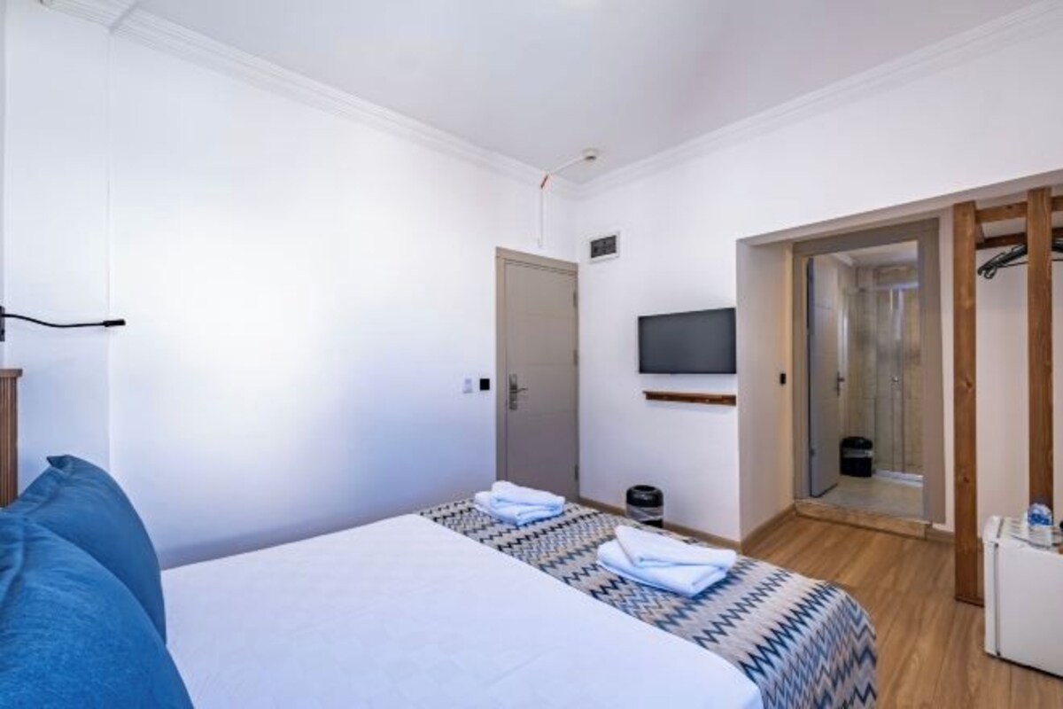 A bedroom with a bed, a TV, a wardrobe, and a shower area.